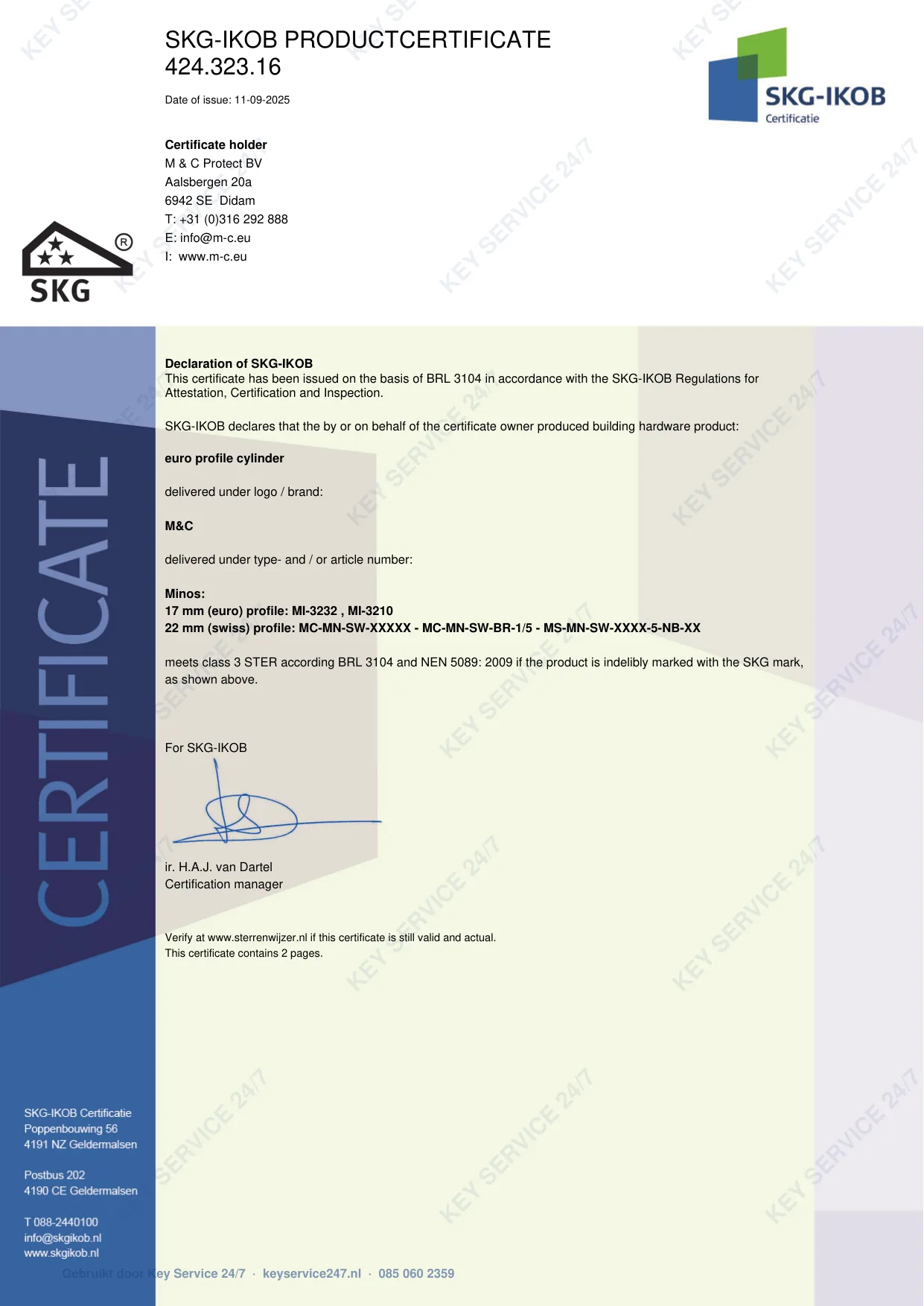 SKG-IKOB-certificaat van de M&C Minos euro-cilinder met drie SKG-sterren